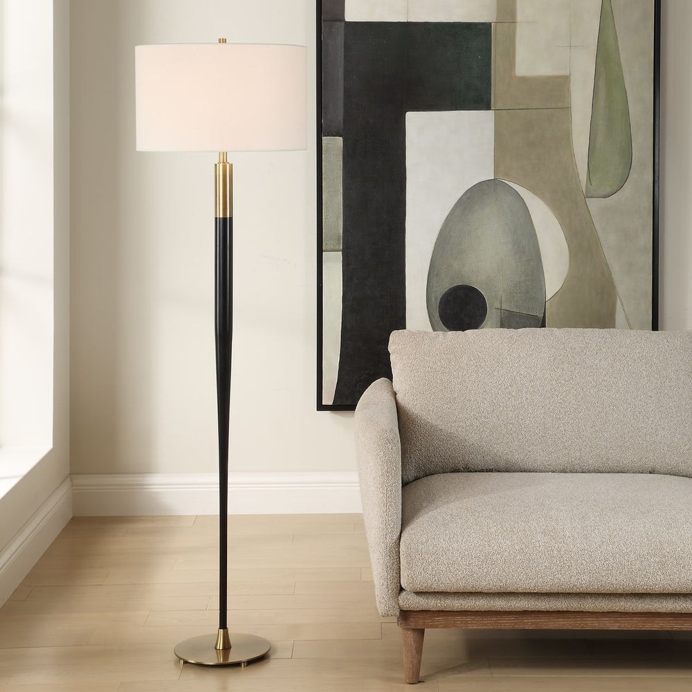 Uttermost Stowe Sleek Satin Black and Brass Base Floor Lamp With White Linen Shade - Image 1