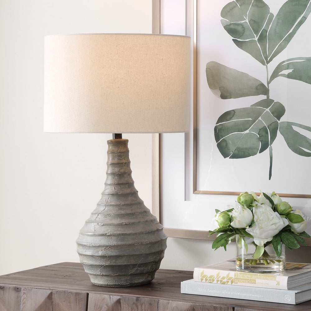 Uttermost Stratum Ribbed Concrete Table Lamp With Light Beige Linen Shade ~ Indoor And Outdoor Use - Image 1