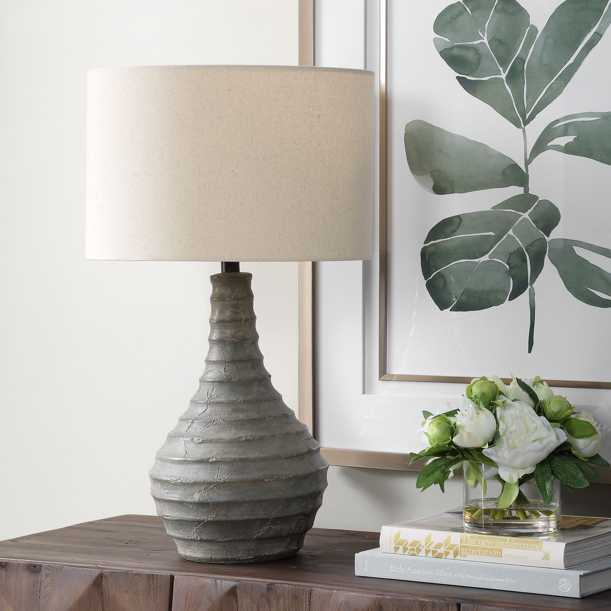 Uttermost Stratum Ribbed Concrete Table Lamp With Light Beige Linen Shade ~ Indoor And Outdoor Use - Image 2