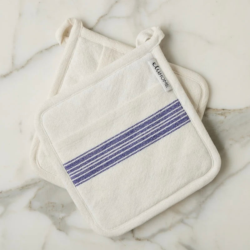 etúHOME Vintage Blue Stripe Kitchen Pot Holders ~ Set of 2