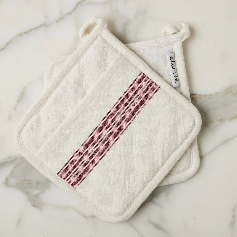 etúHOME Vintage Merlot Red Stripe Kitchen Pot Holders ~ Set of 2