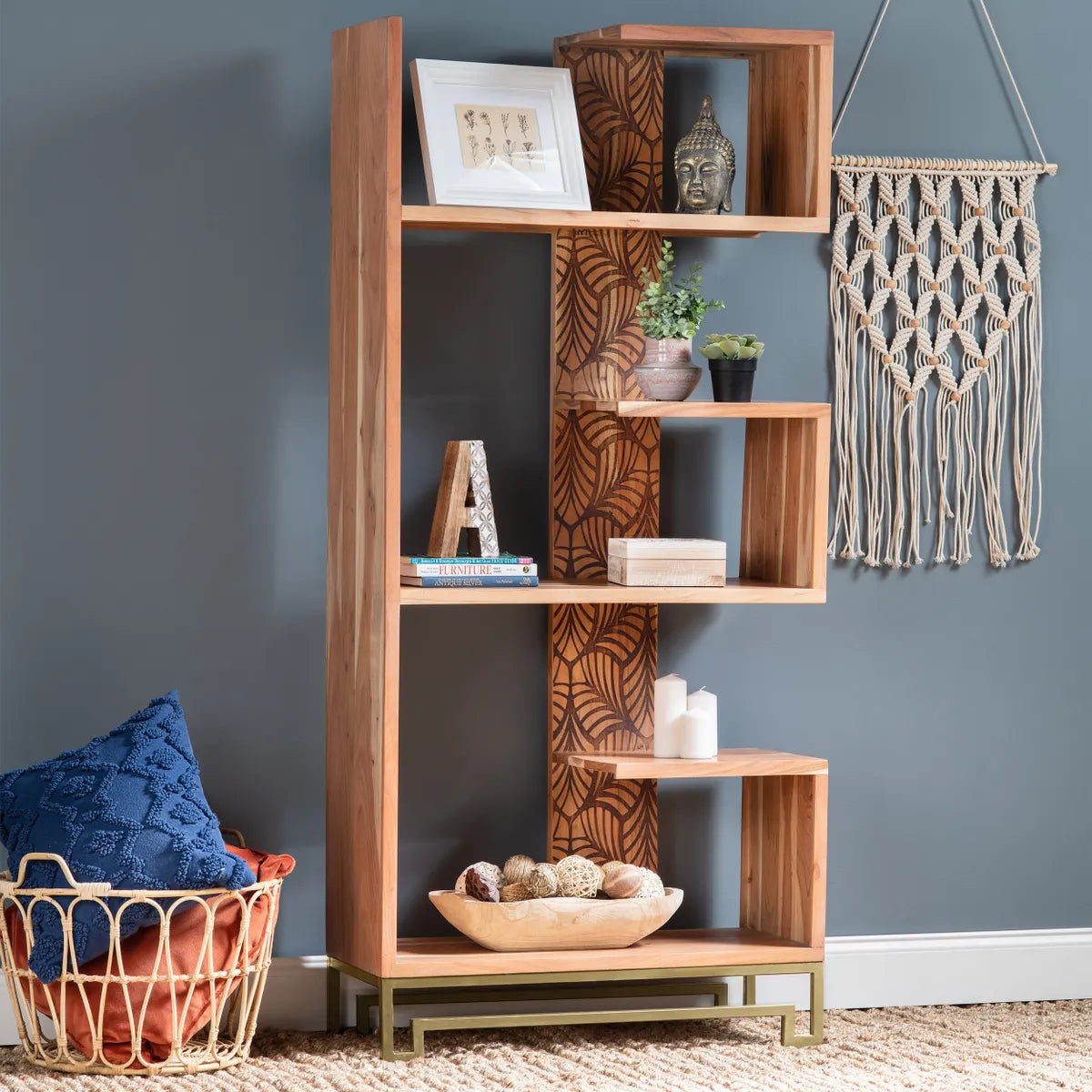 Crestview Collection Parikh 5- Shelf Lazer Cut Iron And Acacia Bookcase - Image 1