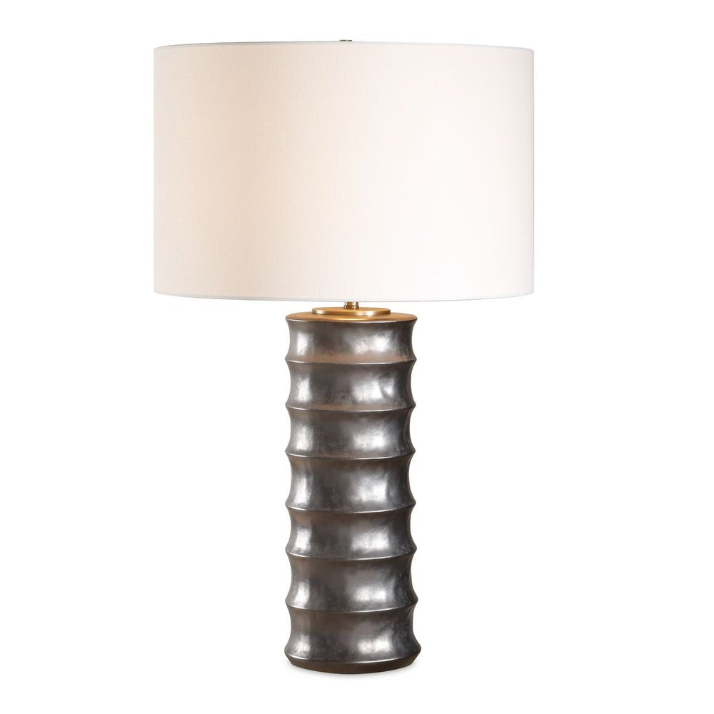 Uttermost Corvair Metallic Dark Bronze Glazed Base Table Lamp With White Linen Drum Shade - Image 3
