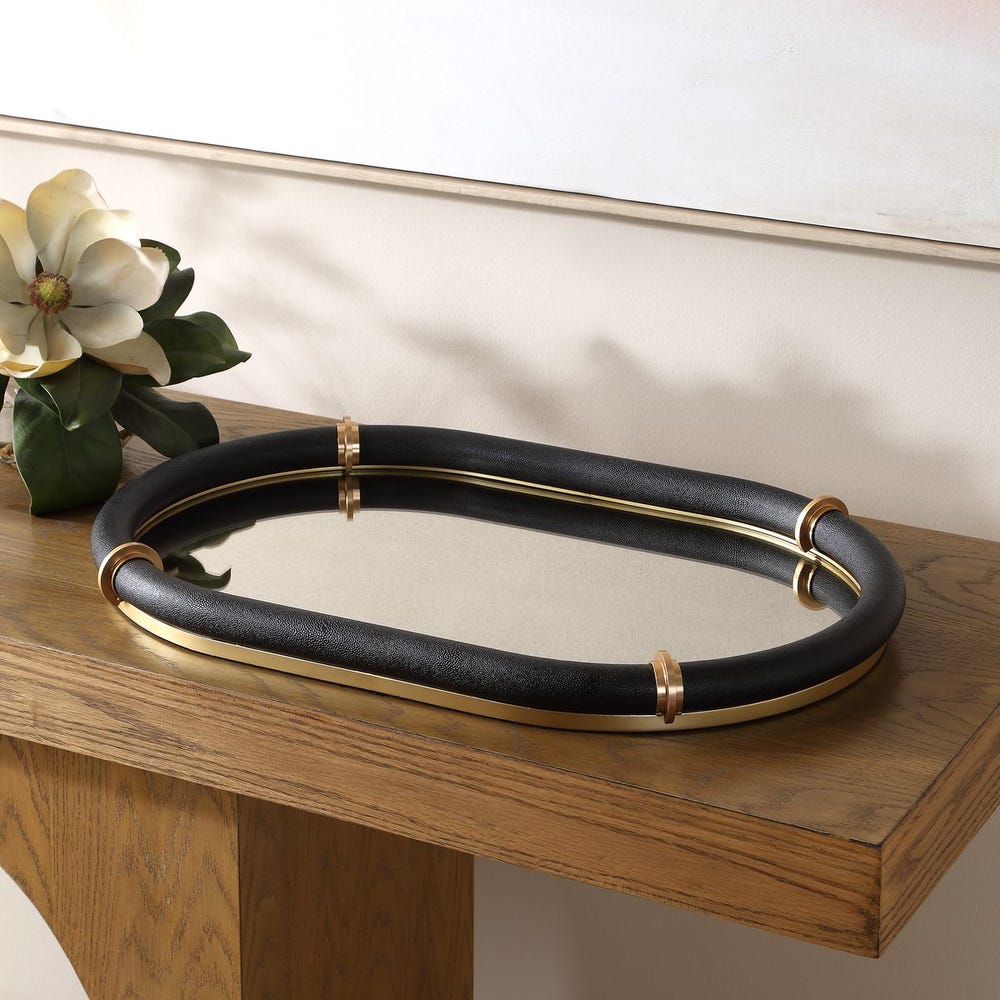 Uttermost Cyprus Black Faux Shagreen Leather Wrapped Oval Tray - Image 2