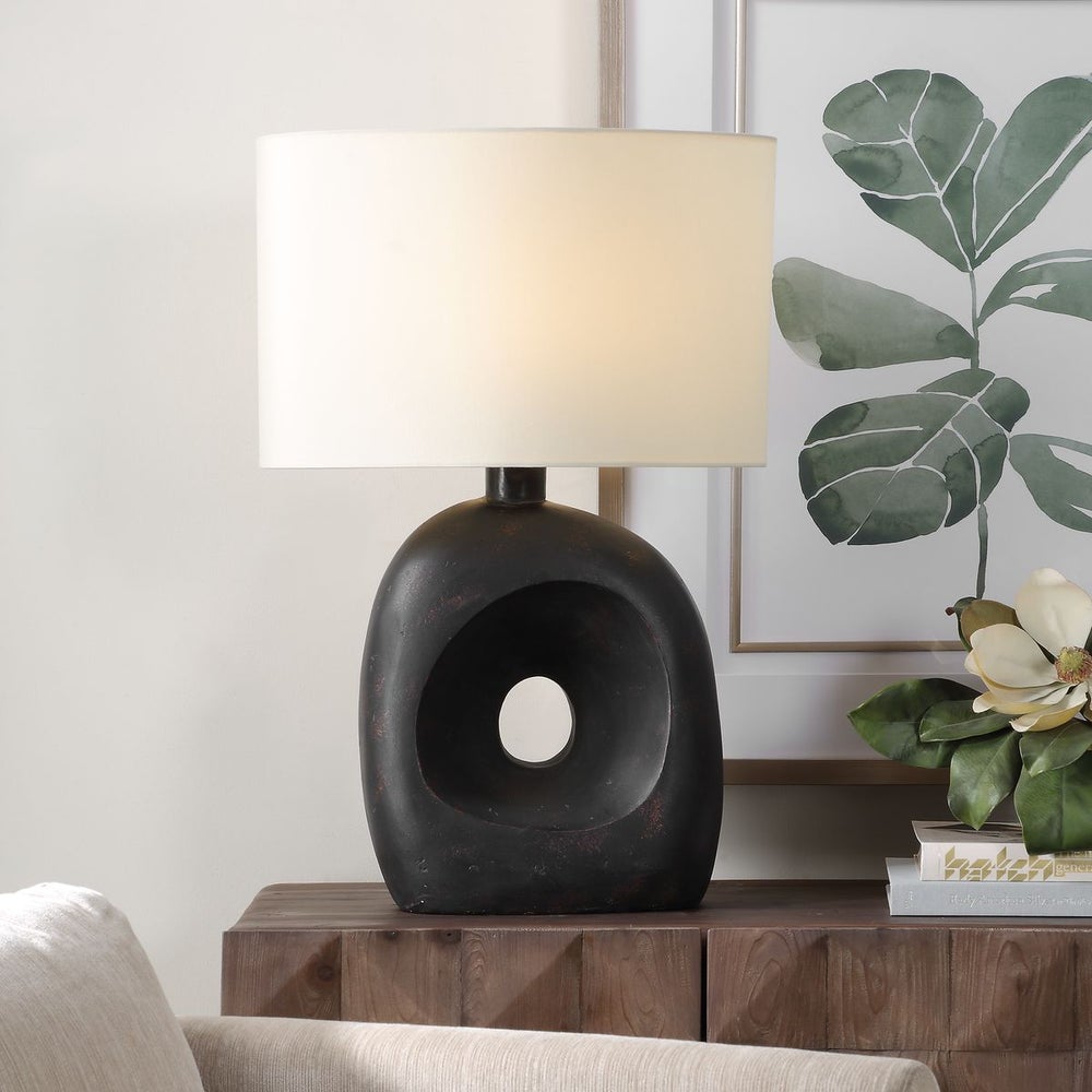 Uttermost Peephole Dark Bronze Table Lamp With Linen Shade ~ Indoor And Outdoor Use - Image 1