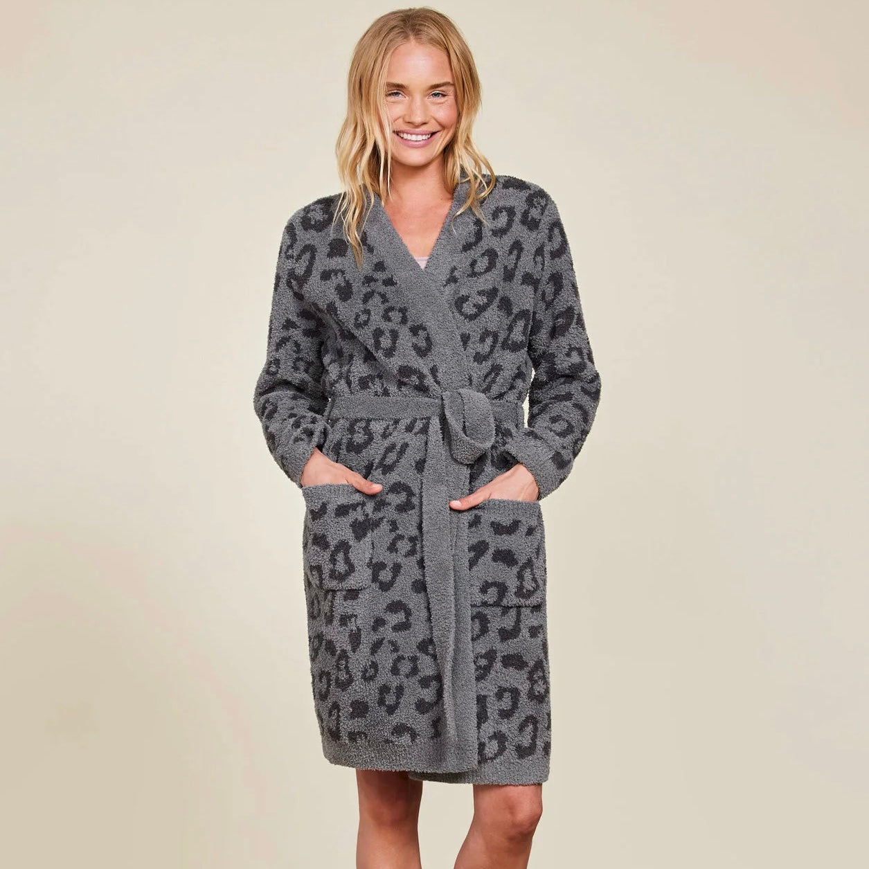 Barefoot Dreams CozyChic Graphite & Carbon Leopard In The Wild Robe ~  Size Small / Medium