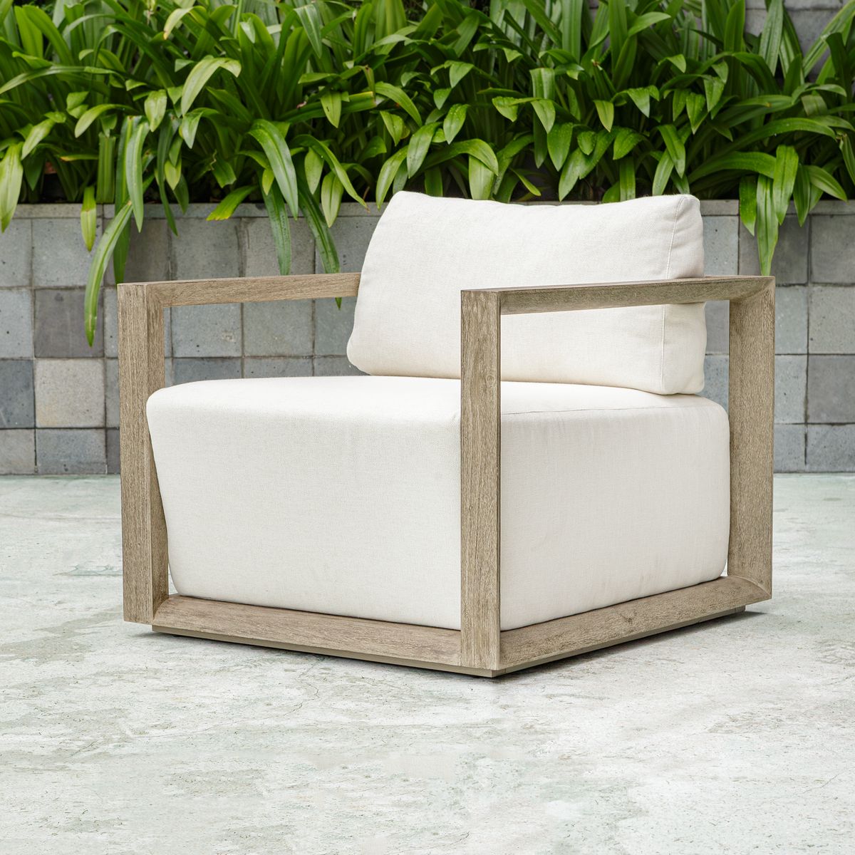 Uttermost Remsen Mahogany Wood With Oyster White Fabric Outdoor Swivel Lounge Chair - Image 1