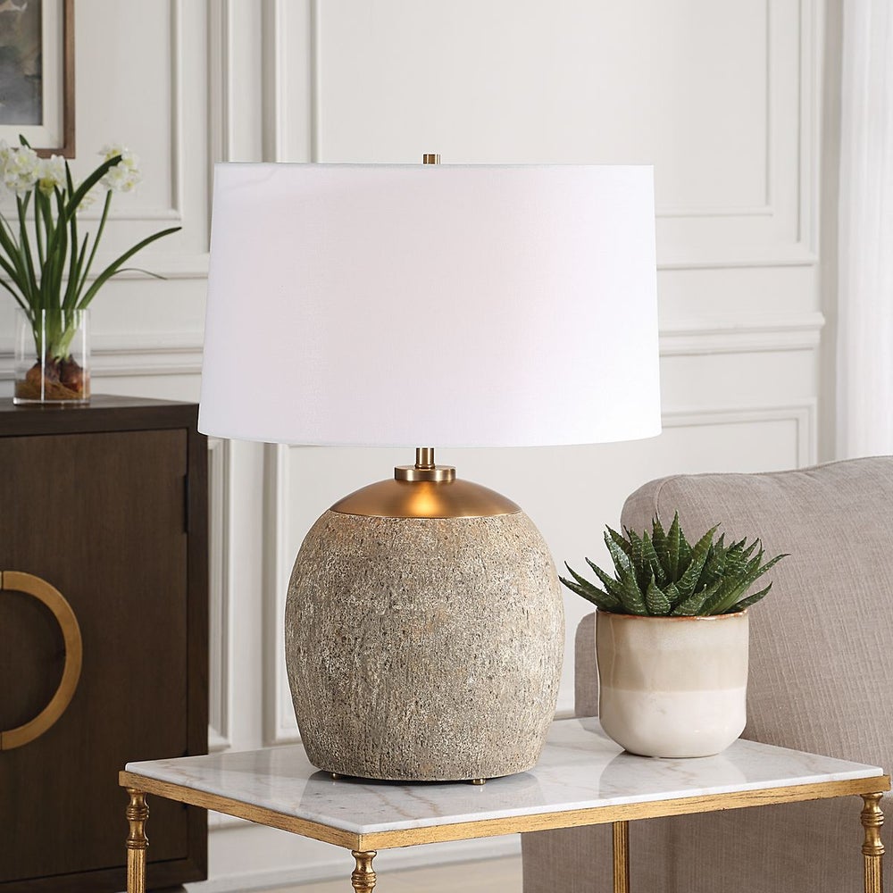 Uttermost Raylan Textured Concrete Table Lamp With White Linen Shade - Image 1