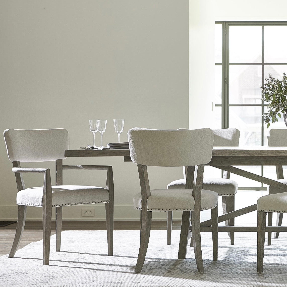 Bernhardt Albion Collection Upholstered Dining Armchair ~ Pewter Finish