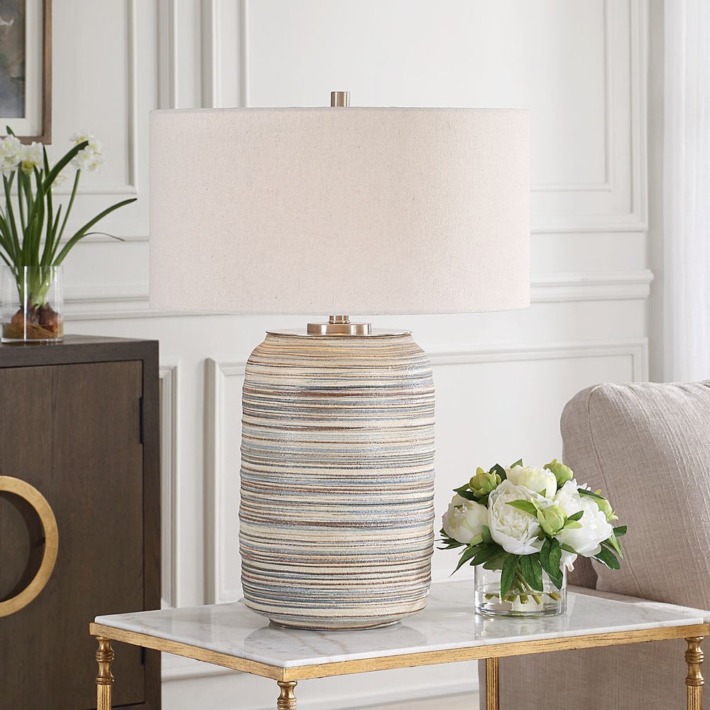 Uttermost Prospect Brown, Taupe, And Cream Table Lamp With Light Beige Linen Shade ~ Large - Image 1
