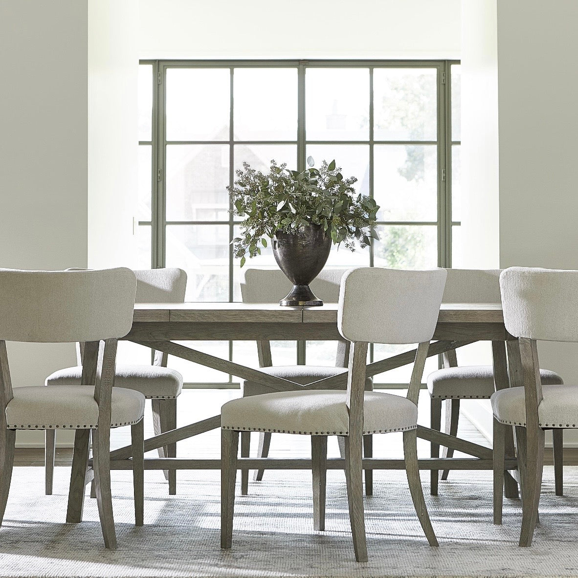 Bernhardt Albion Collection Upholstered Dining Side Chair With Nail Head Trim ~ Pewter Finish - Image 2