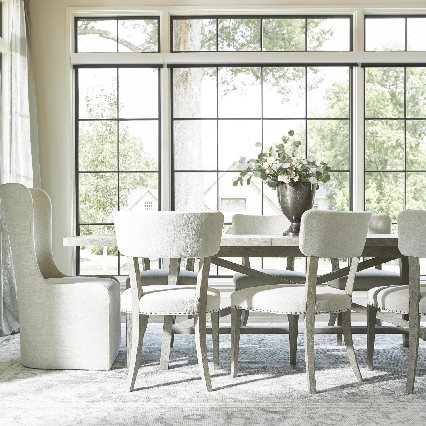 Bernhardt Albion Collection Upholstered Dining Side Chair With Nail Head Trim ~ Pewter Finish - Image 3
