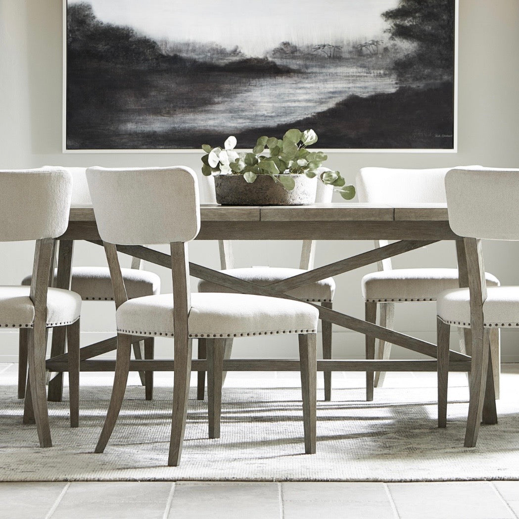 Bernhardt Albion Collection Upholstered Dining Side Chair With Nail Head Trim ~ Pewter Finish
