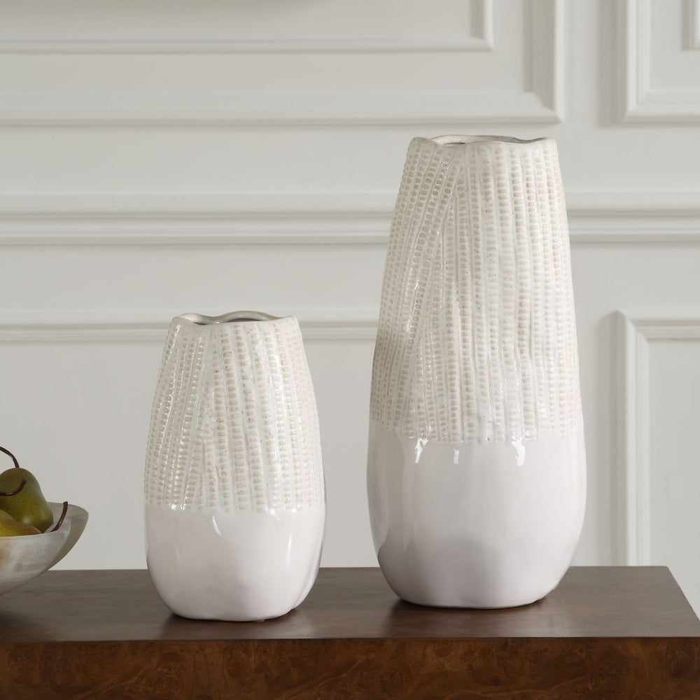 Uttermost Echo White Ceramic Ridge Vases ~ Set of 2 - Image 1