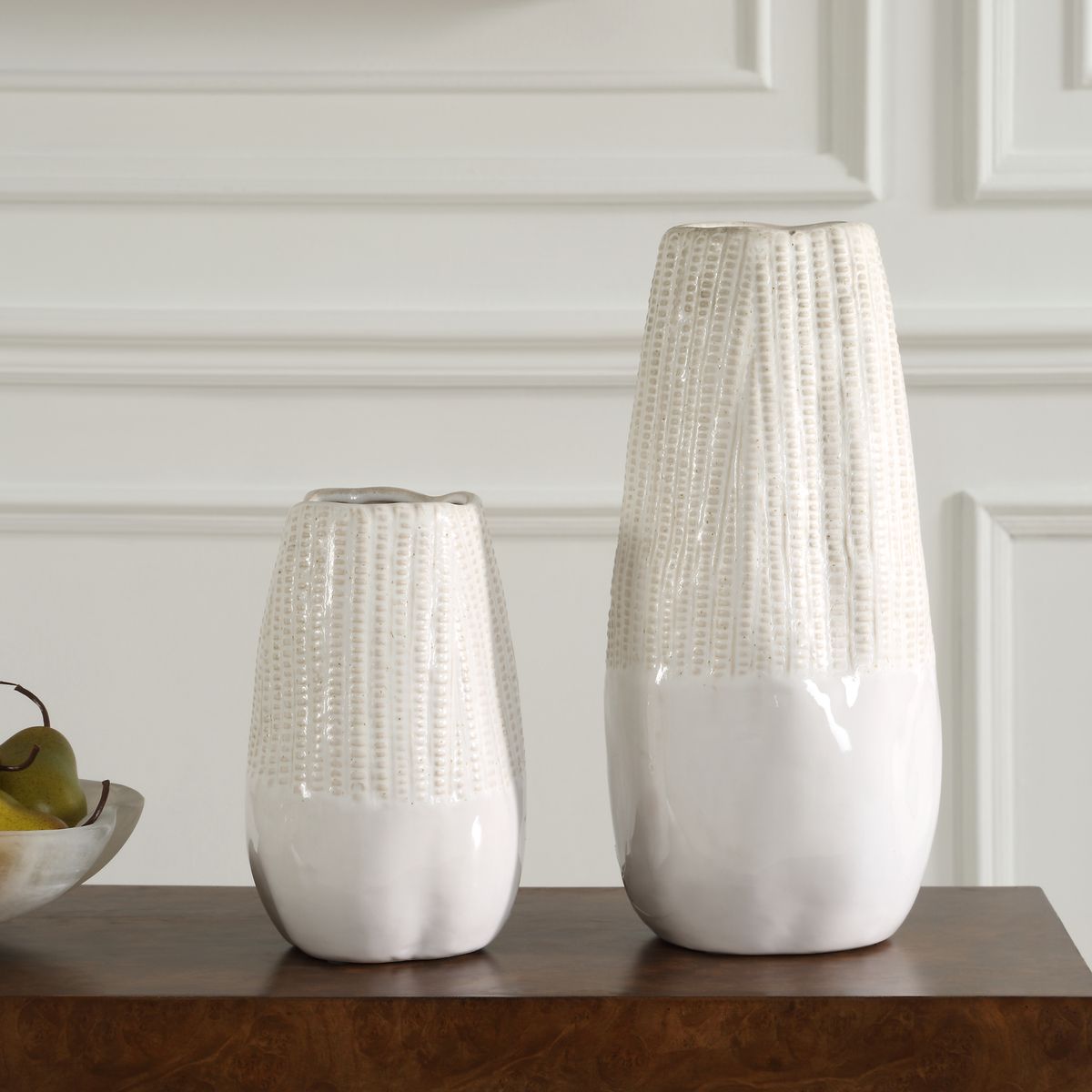 Uttermost Echo White Ceramic Ridge Vases ~ Set of 2 - Image 2