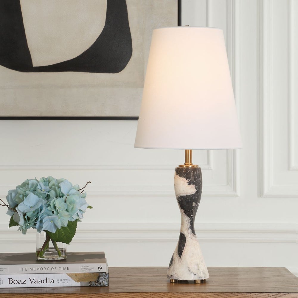Uttermost Macela Black and White Marble Buffet Lamp With White Linen Shade - Image 1