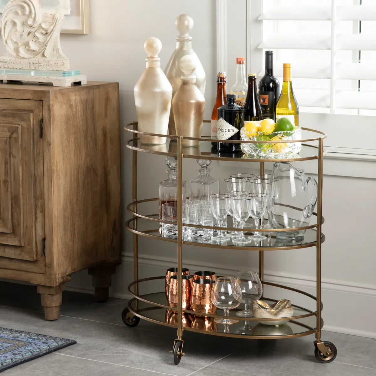 Crestview Collection Waterford Antique Mirror Shelves Bar Cart - Image 2