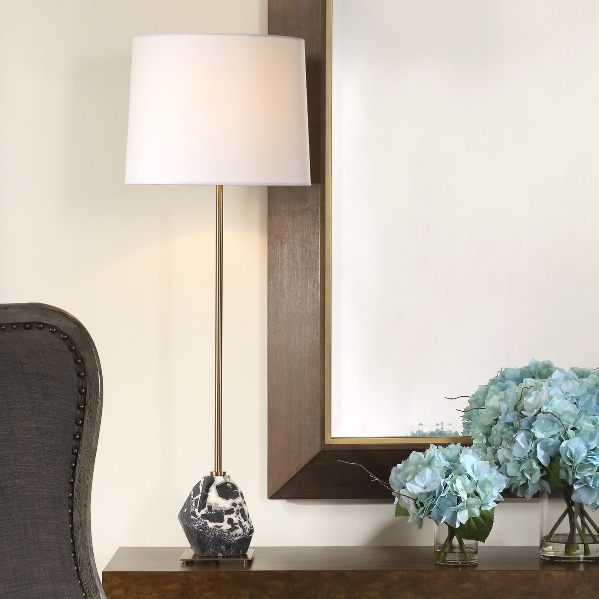Uttermost Rowland Stone and Marble Buffet Lamp With White Linen Shade - Image 1