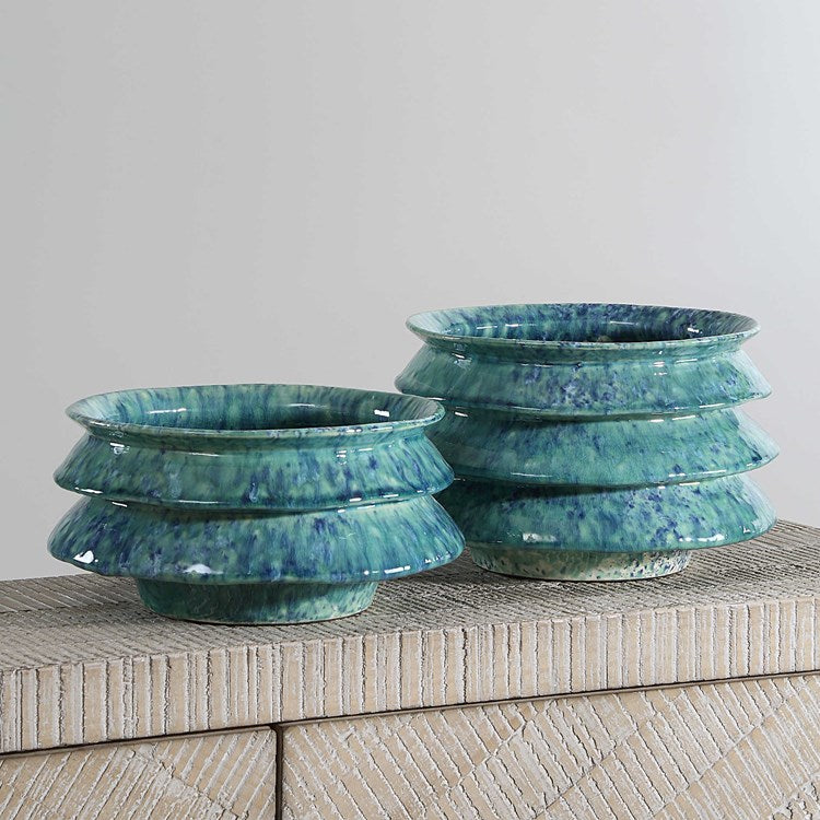 Uttermost Zigzag Blue and Green Reactive Glaze Ceramic Set of 2 Decorative Bowls - Image 1