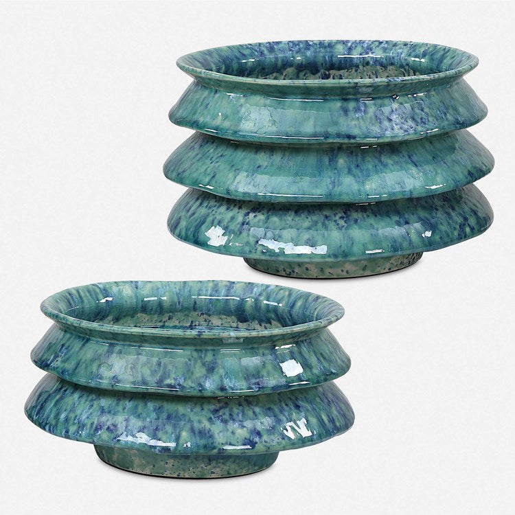 Uttermost Zigzag Blue and Green Reactive Glaze Ceramic Set of 2 Decorative Bowls - Image 2