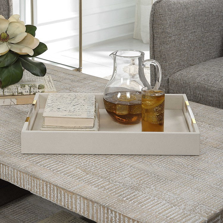 Uttermost Wessex White Faux Shagreen Tray with Acrylic and Brass Handles - Image 3