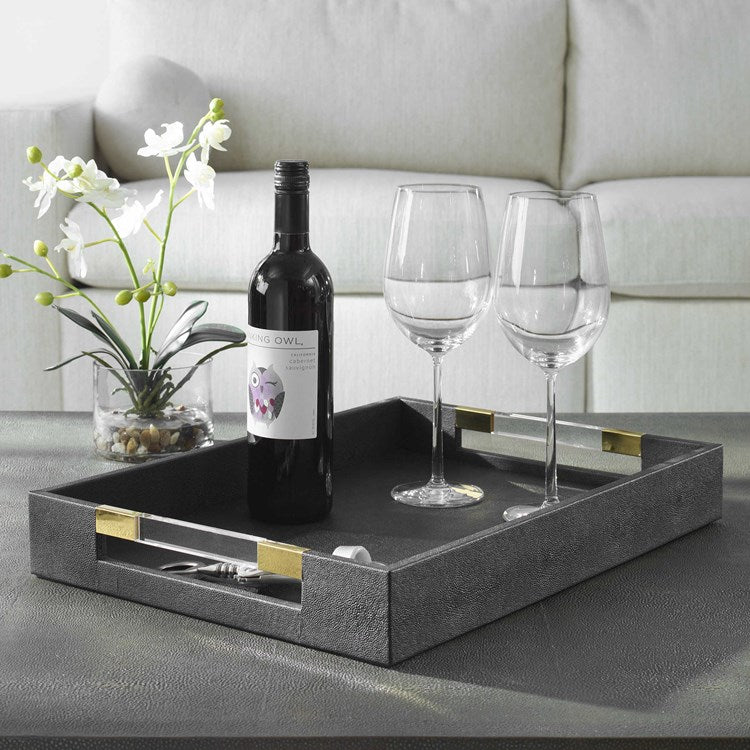 Uttermost Wessex Black Faux Shagreen Tray with Acrylic and Brass Handles - Image 3