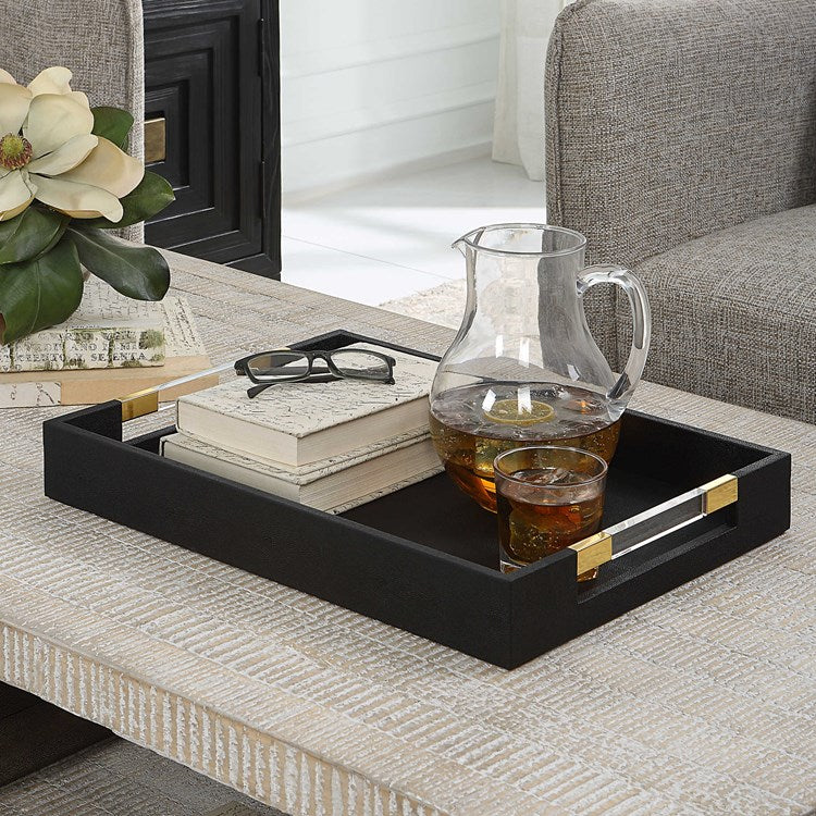 Uttermost Wessex Black Faux Shagreen Tray with Acrylic and Brass Handles - Image 1