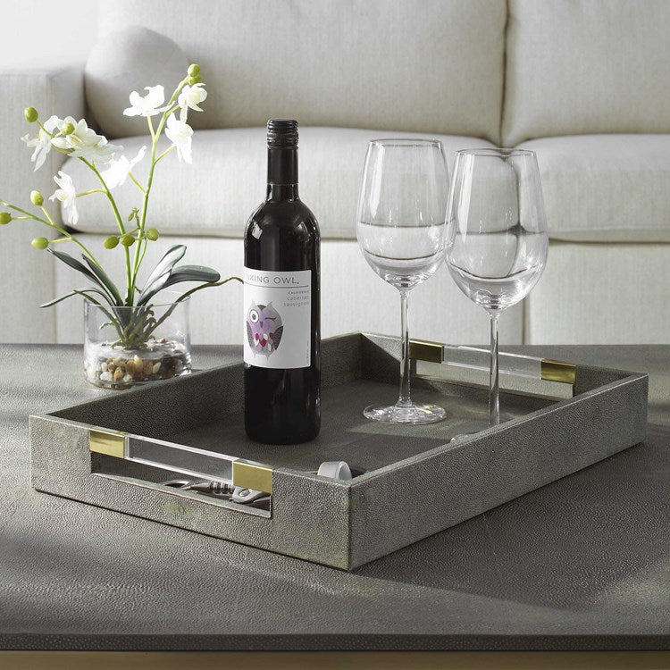 Uttermost Wessex Gray Faux Shagreen Tray with Acrylic and Brass Handles