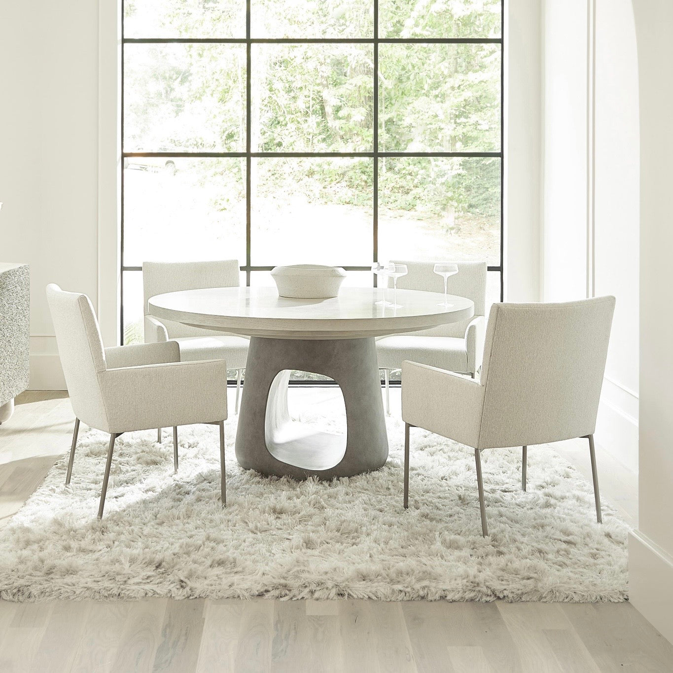 Bernhardt Sereno Collection Upholstered Dining Armchair with Stainless Steel Legs in Nickel Finish - Image 1