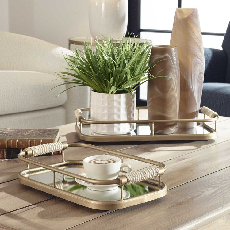 Uttermost Rosea Brushed Gold Metal and Mirrored Set of 2 Trays with Natural Rope Wrapped Handles - Image 1