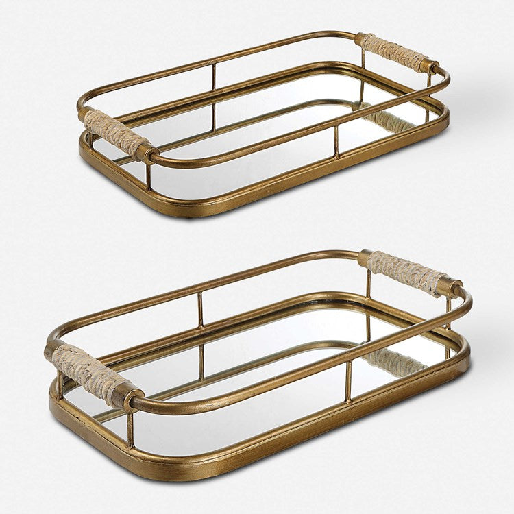 Uttermost Rosea Brushed Gold Metal and Mirrored Set of 2 Trays with Natural Rope Wrapped Handles - Image 2