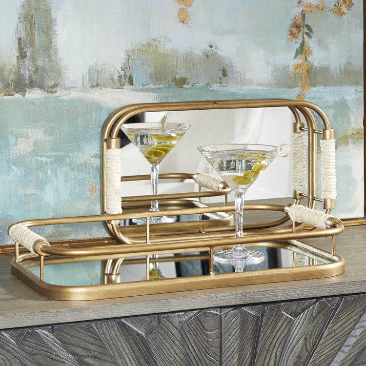 Uttermost Rosea Brushed Gold Metal and Mirrored Set of 2 Trays with Natural Rope Wrapped Handles - Image 3