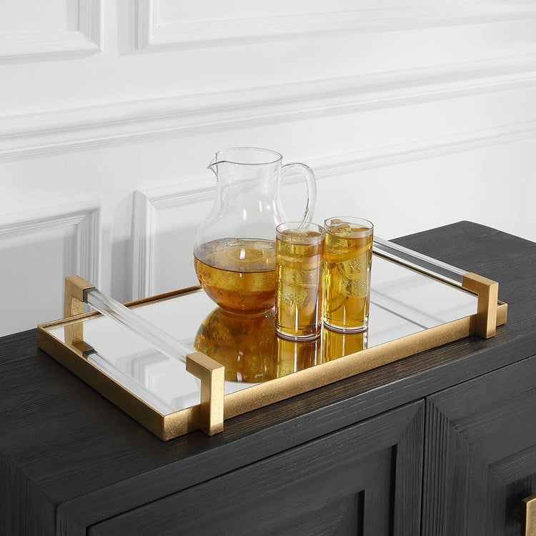 Uttermost Deki Antiqued Gold Leaf Hand Forged Iron and Mirrored Tray with Acrylic Handles - Image 1