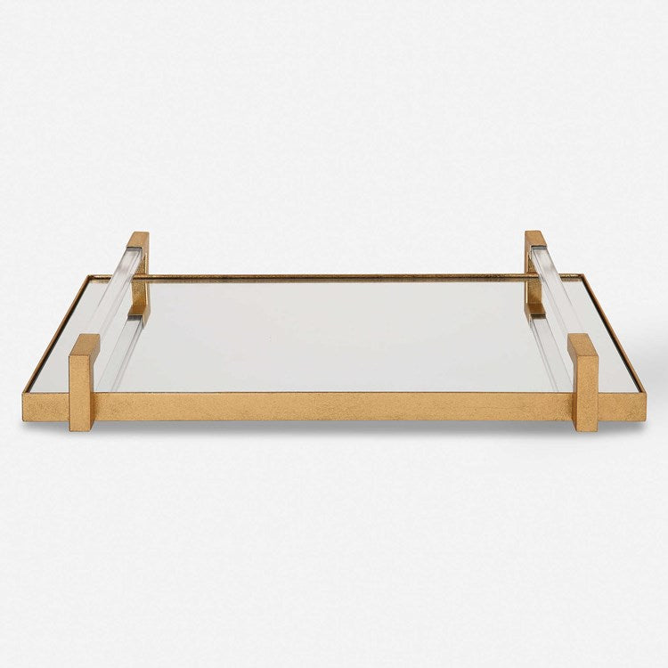 Uttermost Deki Antiqued Gold Leaf Hand Forged Iron and Mirrored Tray with Acrylic Handles - Image 2