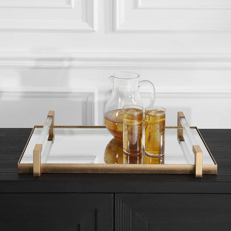 Uttermost Deki Antiqued Gold Leaf Hand Forged Iron and Mirrored Tray with Acrylic Handles - Image 3