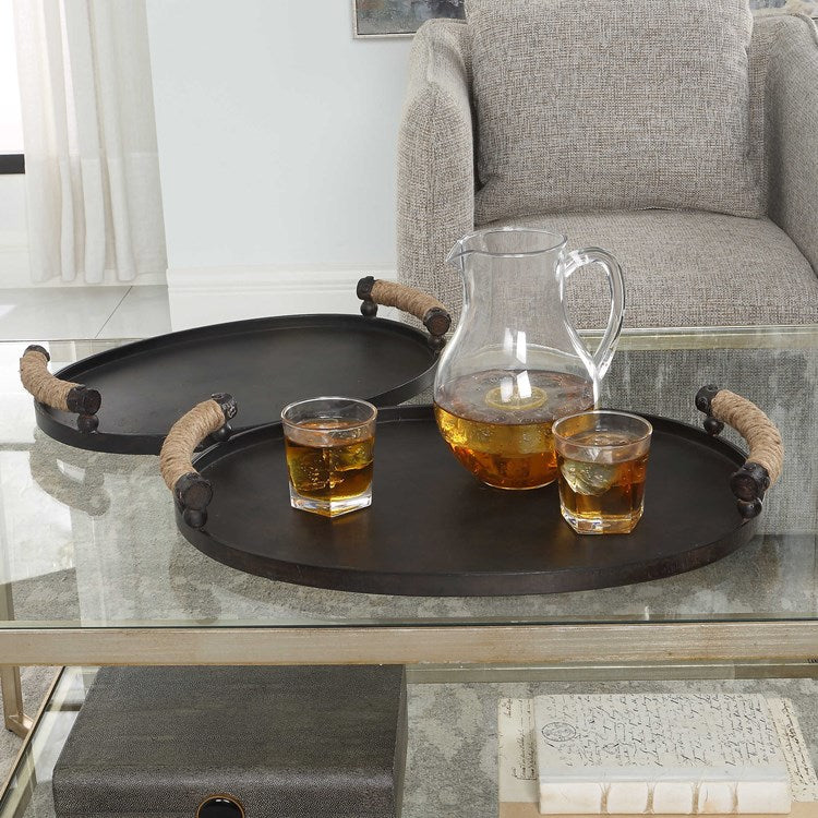 Uttermost Viggo Dark Bronze Iron Set of 2 Trays with Natural Rope Wrapped Handles - Image 1
