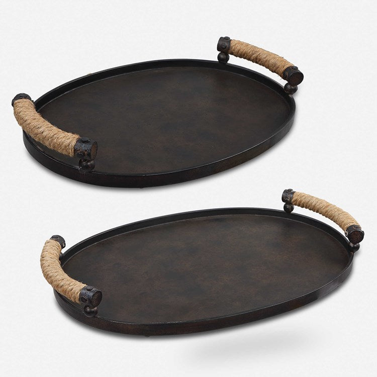 Uttermost Viggo Dark Bronze Iron Set of 2 Trays with Natural Rope Wrapped Handles - Image 2