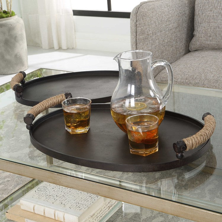 Uttermost Viggo Dark Bronze Iron Set of 2 Trays with Natural Rope Wrapped Handles - Image 3