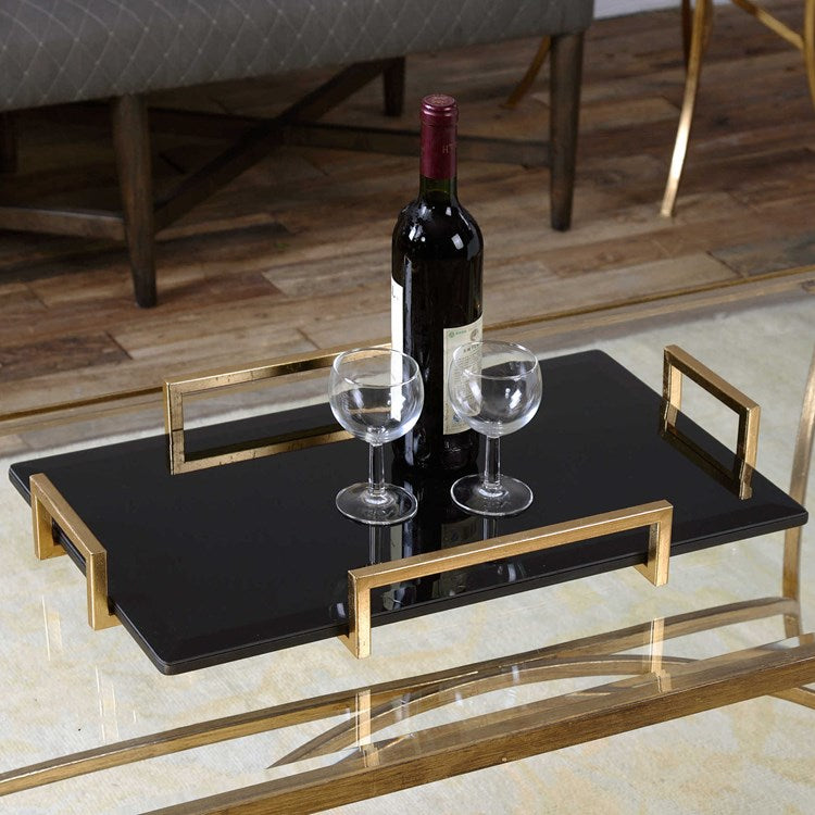Uttermost Ettore Black Beveled Glass Tray with Gold Leaf Handles - Image 1