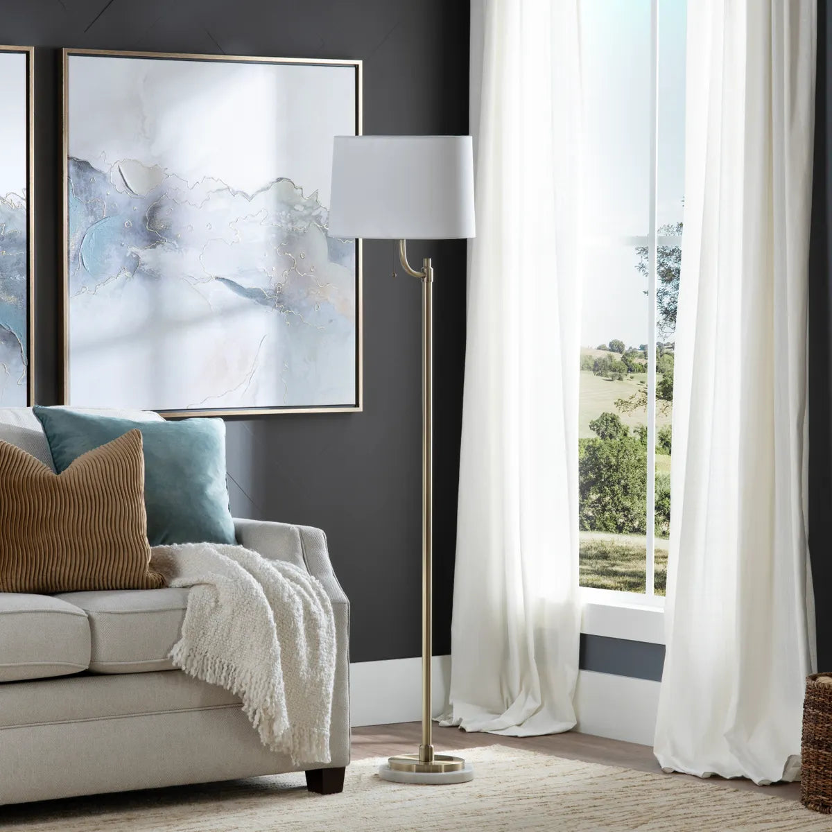 Crestview Collection Nash Gold Metal Floor Lamp With White Linen Shade - Image 1