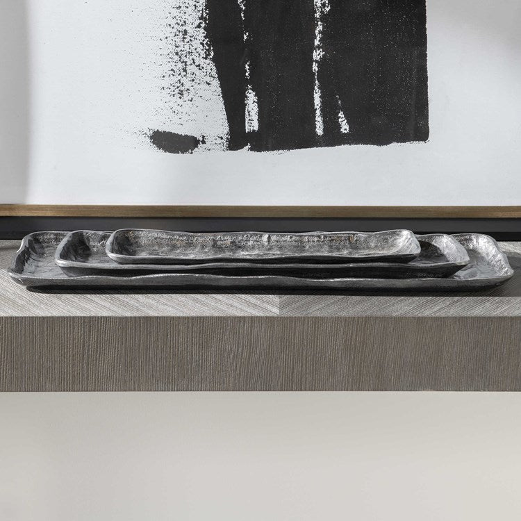 Uttermost Artisan Textured Antiqued Nickel Set of 3 Trays - Image 1