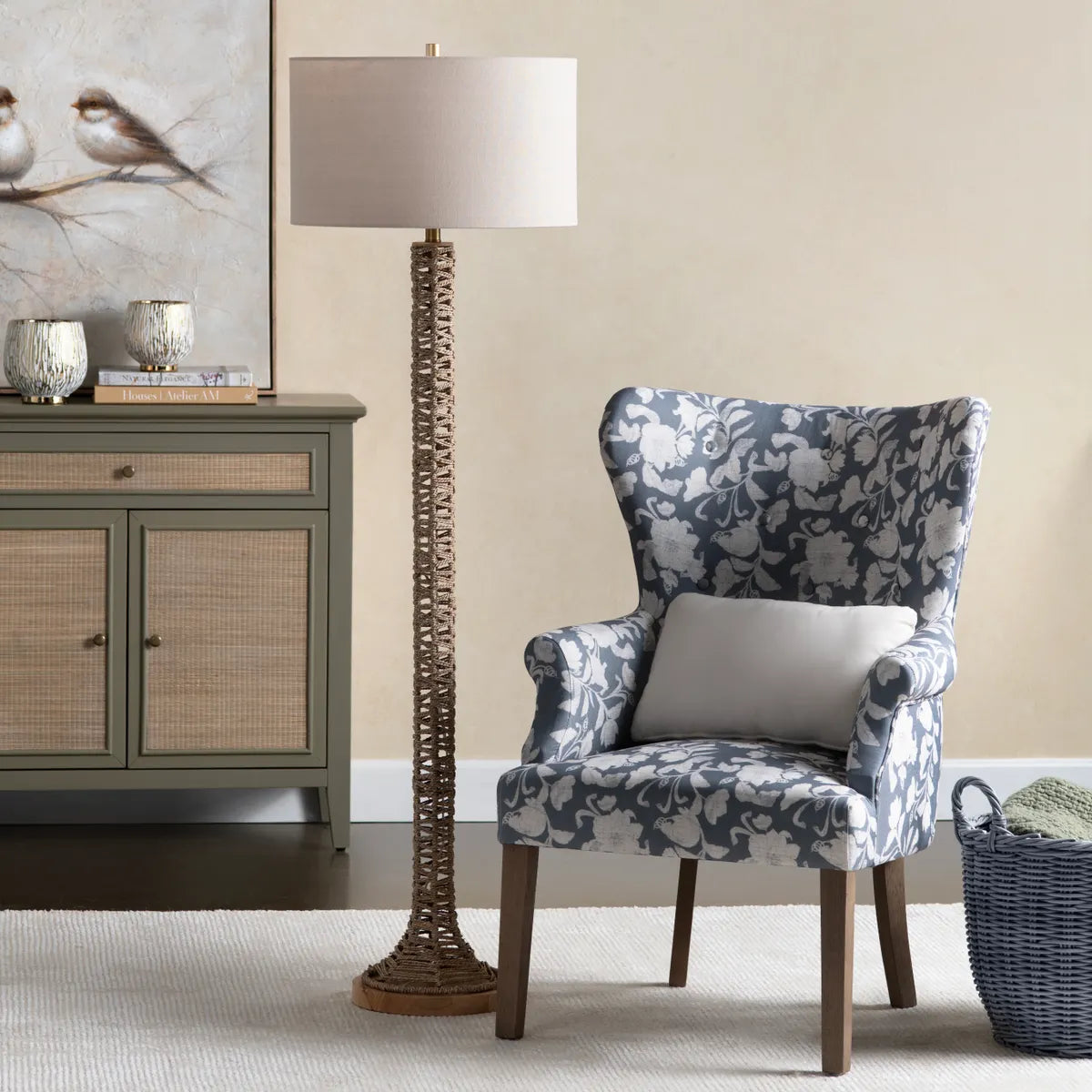 Crestview Collection Tyrien Rope Floor Lamp With Linen Shade - Image 1