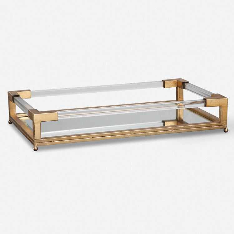 Uttermost Balkan Antiqued Gold Leaf Hand Forged Iron and Mirrored Tray With Acrylic Handles - Image 2