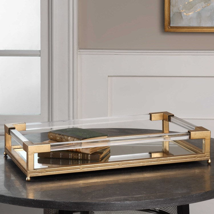 Uttermost Balkan Antiqued Gold Leaf Hand Forged Iron and Mirrored Tray With Acrylic Handles - Image 3