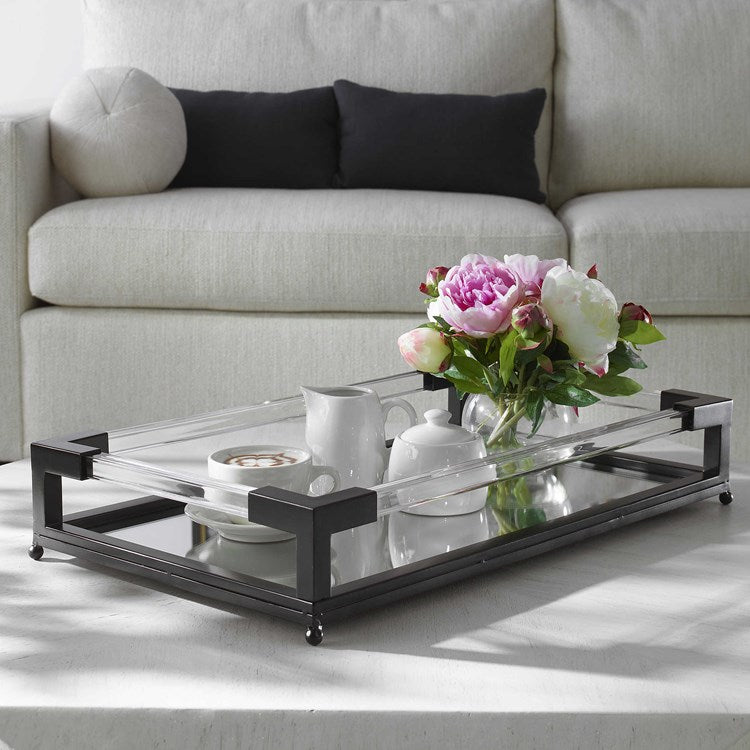 Uttermost Balkan Matte Black Hand Forged Iron and Mirrored Tray With Acrylic Handles - Image 1