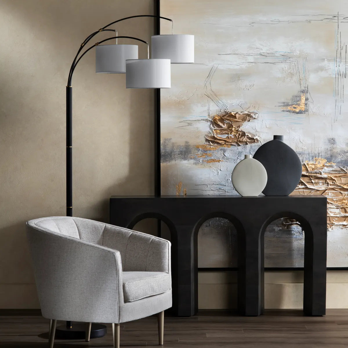 Crestview Collection Claremont Sleek Black Floor Lamp With Three White Linen Shades - Image 1