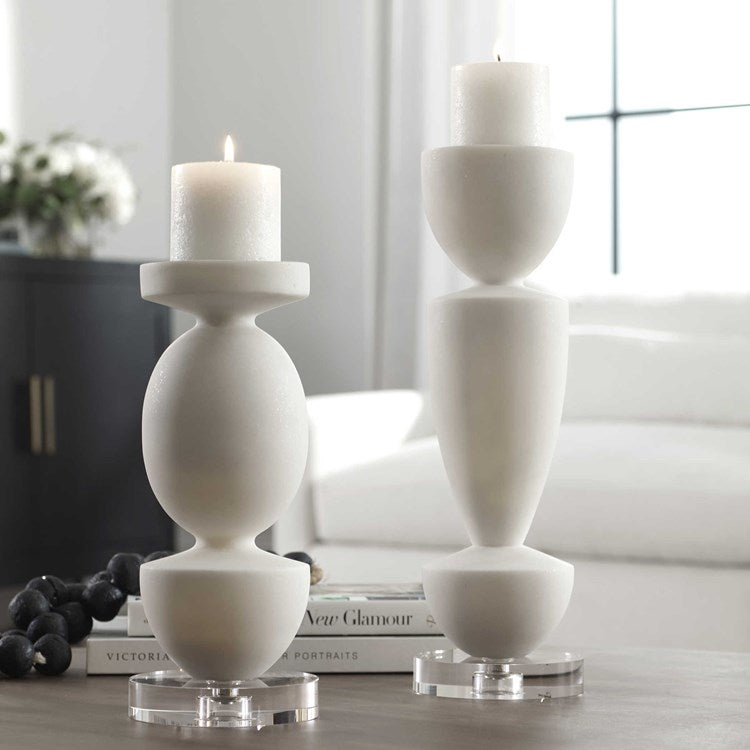 Uttermost Lido Sculptural Ivory Stone and Crystal Set of 2 Candle Holders ~ Candles Included - Image 1