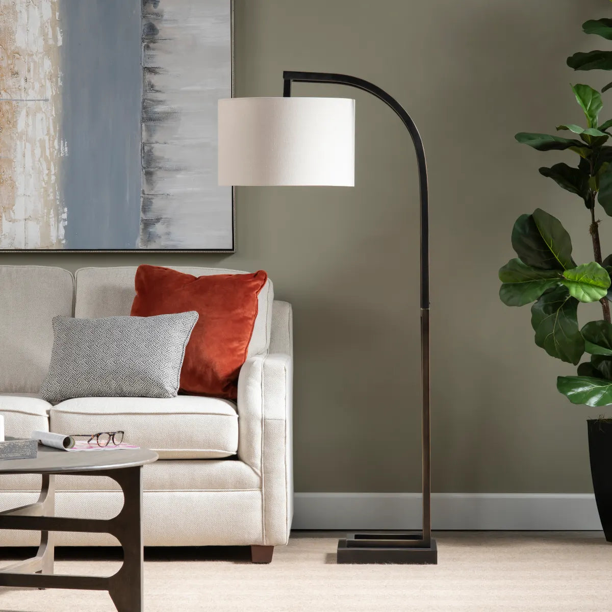 Crestview Collection Circa Bronze Metal Curved Floor Lamp With Natural Linen Shade - Image 1
