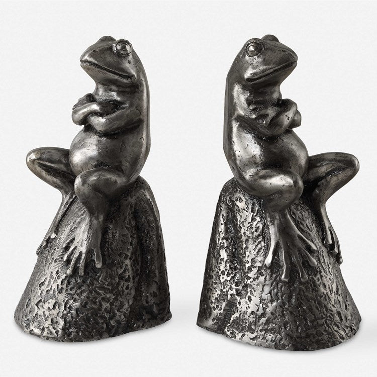 Uttermost Daydreaming Frogs Antiqued Silver Bookends - Image 1