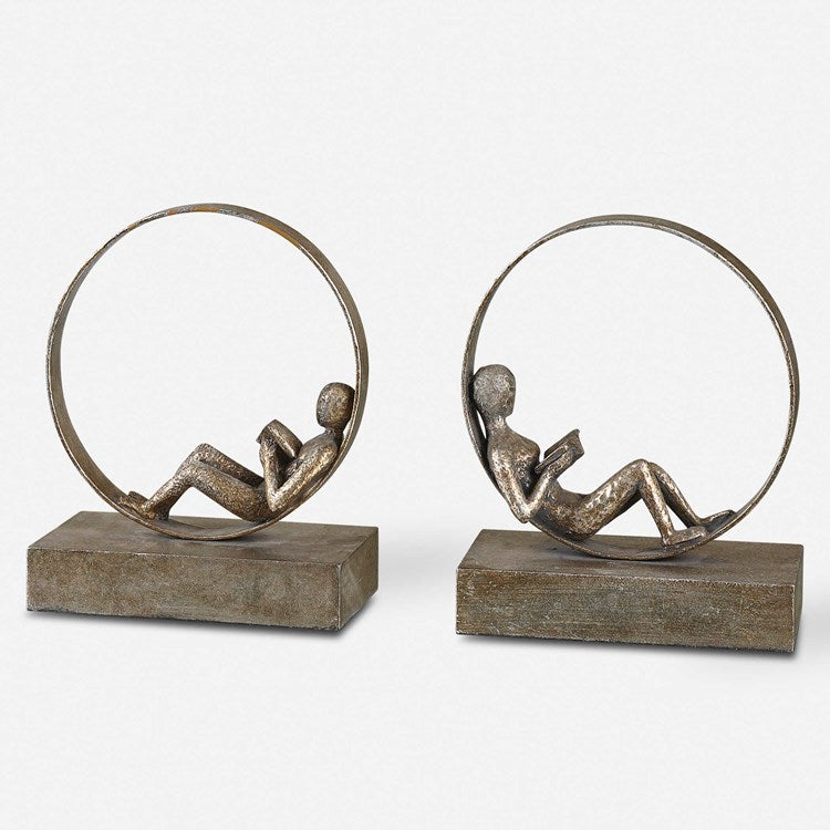 Uttermost Lounging Reader Antiqued Silver Leaf Bookends - Image 1